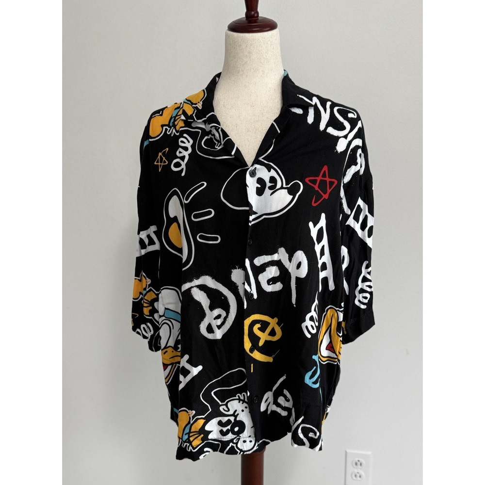 Disney 100 x HM Shirt XL Black Button Up  All‎ Over Mickey Donald Goofy Camp